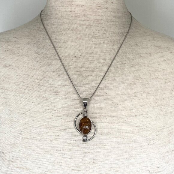 Sterling Silver 950 Mexico Geometric Oval Baltic Amber Pendant Necklace 18" - Picture 2 of 16